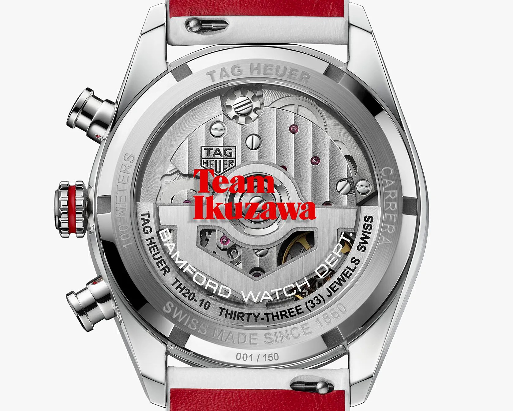 Back of a TAG Heuer Carrera watch with visible mechanical movement and red 