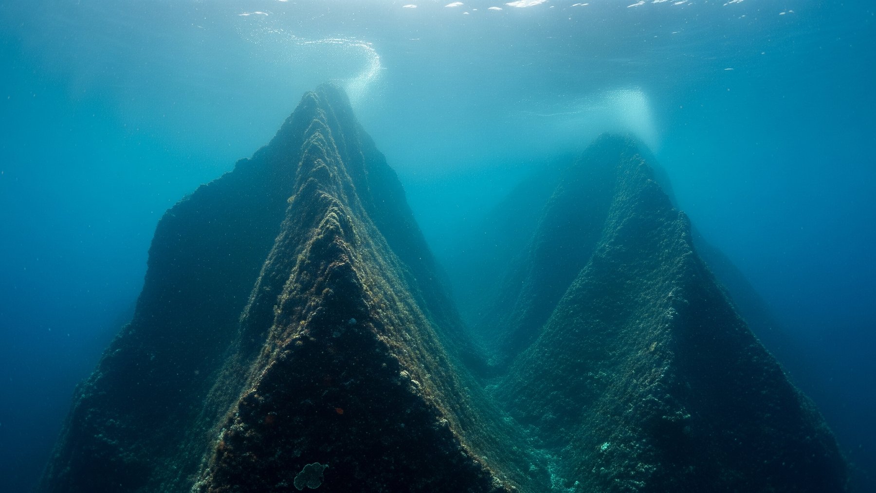underwater mountains rising from the Drake Passage ocean floor in deep blue light