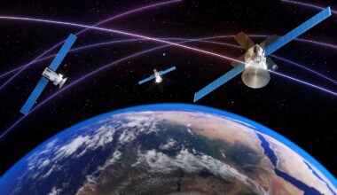 An illustration of satellites in orbit over Earth.