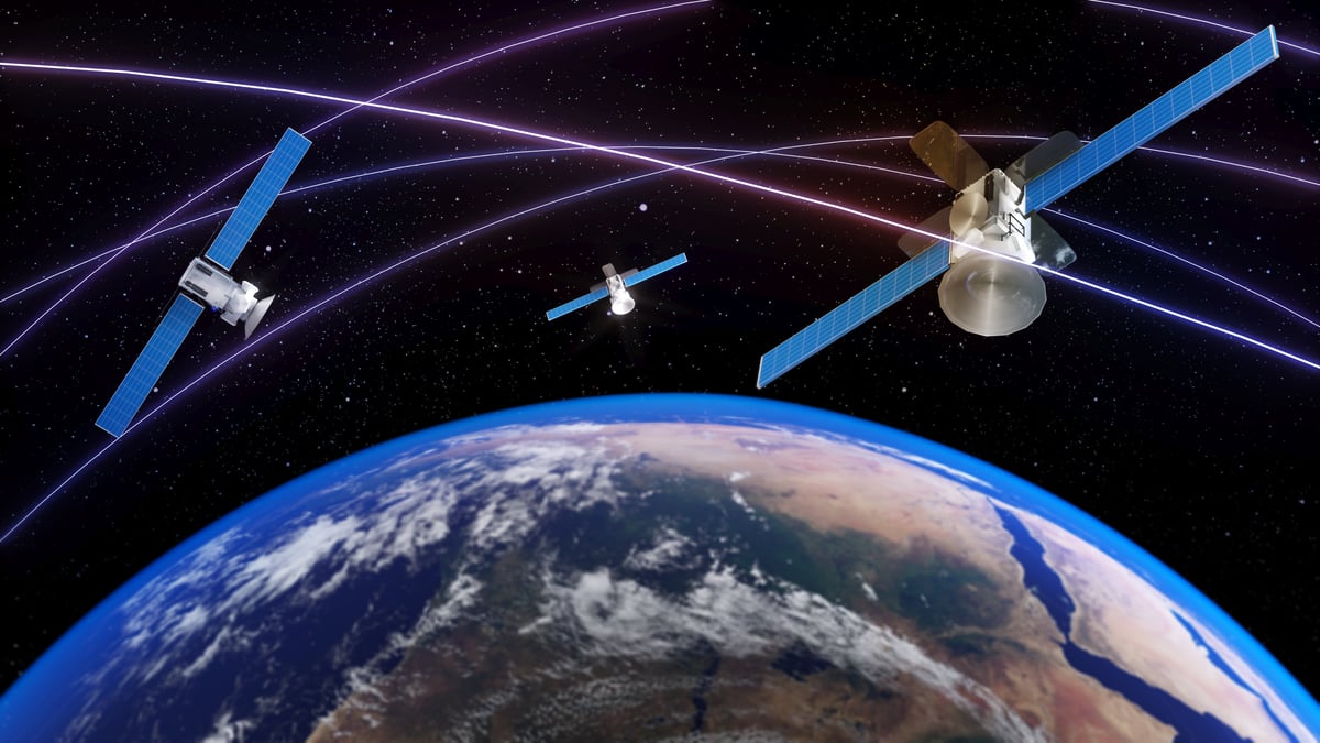 An illustration of satellites in orbit over Earth.