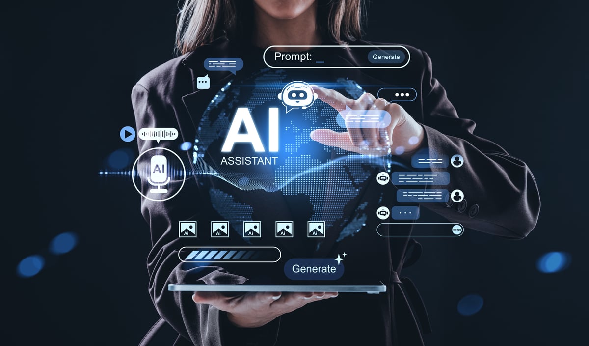 A person holding a laptop computer with AI text