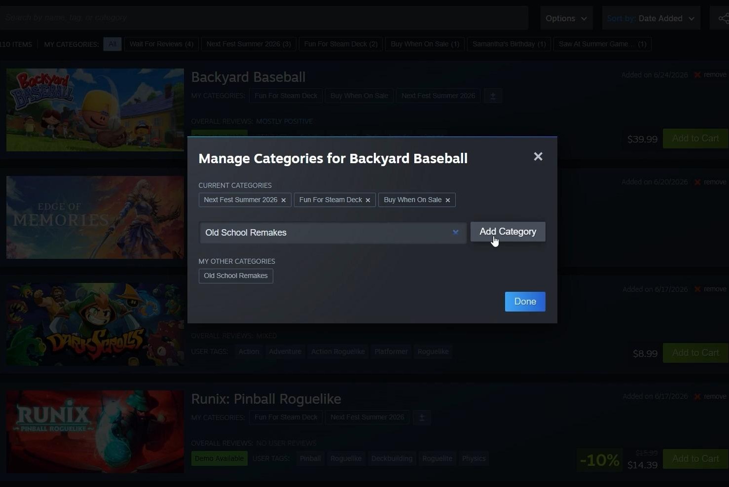 A screenshot of the custom categories editor in a Steam wishlist