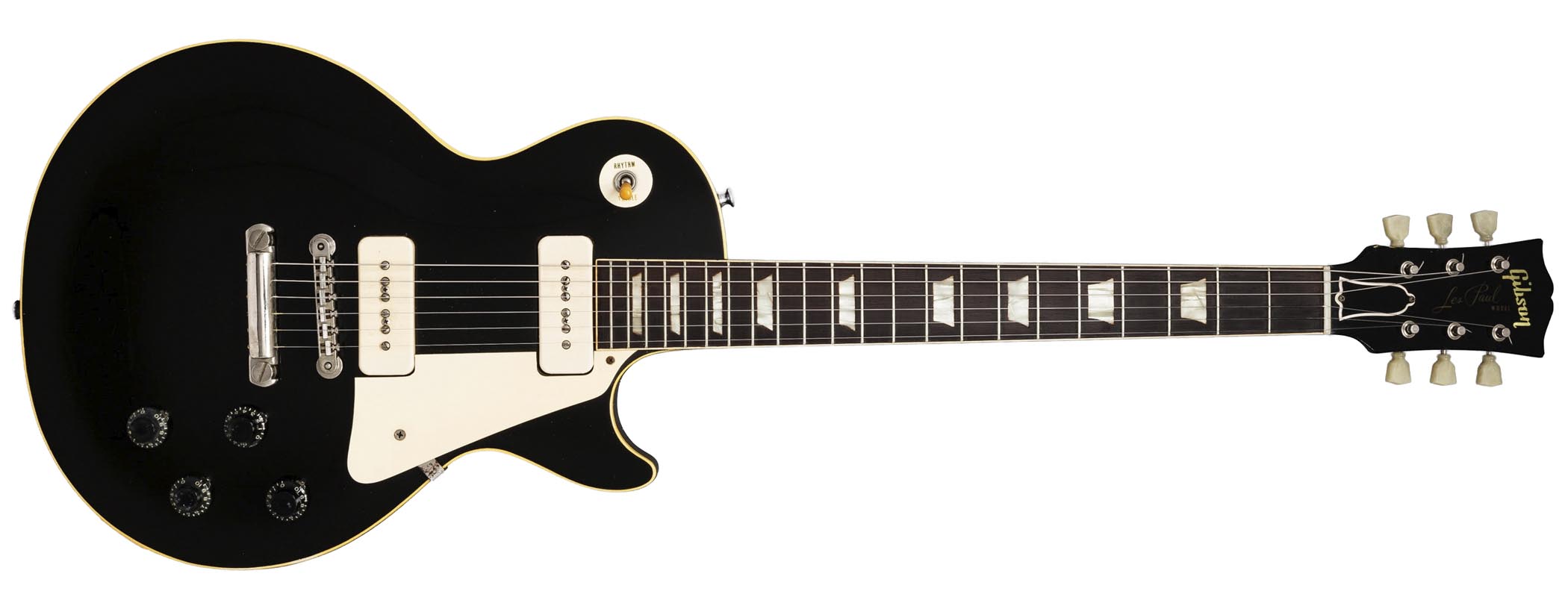 Neal Schon's 1957 Les Paul Standard, factory black with P-90s, now owned by Kirk Hammett.