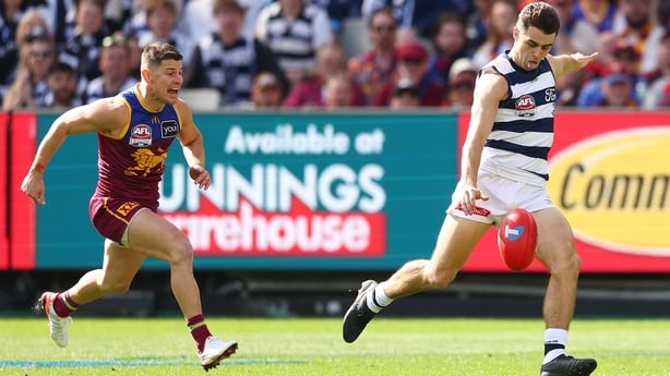 Oisín Mullin of the Geelong Cats kicks a goal during the AFL Gand Final against Brisbane Lions