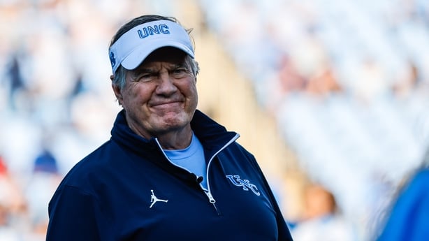 CHAPEL HILL, NORTH CAROLINA - NOVEMBER 22: Bill Belichick of the North Carolina Tar Heels smiles during warmups prior to their game against the Duke Blue Devils at Kenan Memorial Stadium on November 22, 2025 in Chapel Hill, North Carolina. (Photo by Jaylynn Nash/Getty Images)*** Local Caption ***Bil