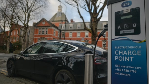 Tesla car connected to an electric vehicle charging point in Dublin
