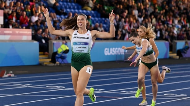 Gold medalist Katherine O'Connor of Team Northern Ireland celebrates crossing the line in the Women's Heptathlon 800m at 2026 Commonwealth Games