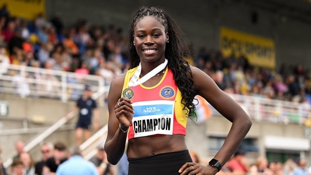 Rhasidat Adeleke of poses after winning the 200m at 2026 Irish Nationals