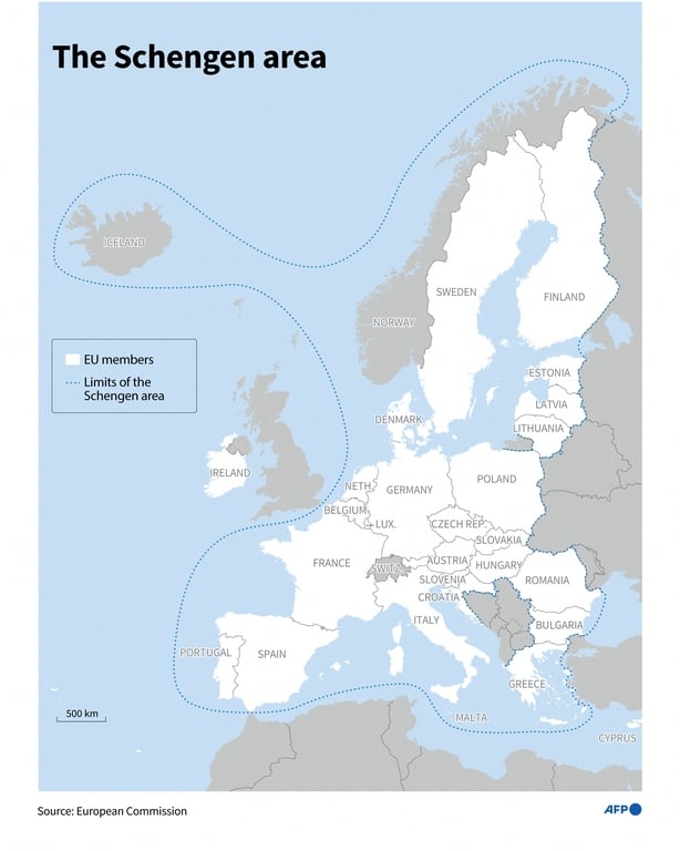 Infographic with a map of the Schengen area for the free movement of people in Europe