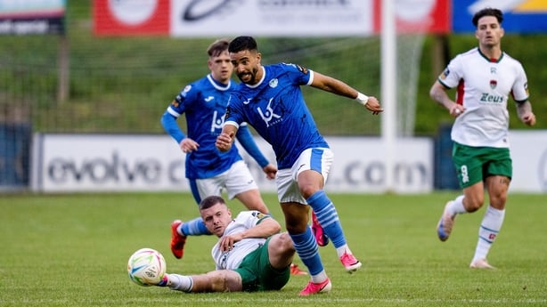 Bernardo Monteiro of Finn Harps in action against Niall O'Keeffe of Cork City during the SSE Airtricity Men's First Division match between Finn Harps and Cork City at Finn Park in Ballybofey, Donegal.