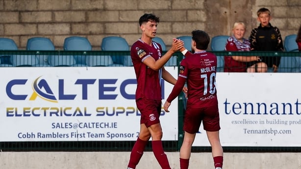 Jonas Stjernberg of Cobh Ramblers, left, is congratulated by teammate Dylan McGlade after scoring their side's first goal during the SSE Airtricity Men's First Division match between Cobh Ramblers and Wexford at St Colman's Park in Cobh, Cork.