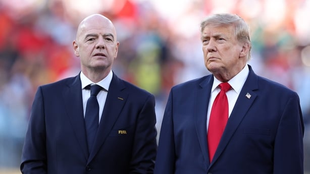 EAST RUTHERFORD, NEW JERSEY - JULY 19: Gianni Infantino, president of FIFA, and Donald Trump, president of the United States of America, look on after the FIFA World Cup 2026 Final match between Spain and Argentina at New York New Jersey Stadium on July 19, 2026 in East Rutherford, New Jersey. (Phot