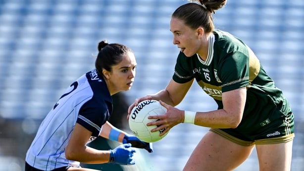 18 July 2026; Síofra O'Shea of Kerry in action against Niamh Crowley of Dublin during the LGFA TG4 All-Ireland Senior Championship semi-final match between Dublin and Kerry at FBD Semple Stadium in Thurles, Tipperary. Photo by Sam Barnes/Sportsfile