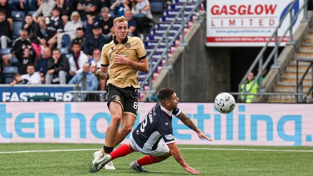 St Mirren's Killian Phillips scores to make it 2-0 during a William Hill Premiership match between Falkirk and St Mirren at The Falkirk Stadium, on August 01, 2026, in Falkirk, Scotland.