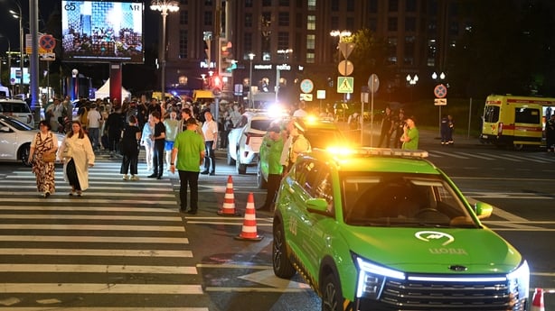 MOSCOW, RUSSIA - AUGUST 01: Police take security measures at the scene after an explosion occurred at a cafe, causing a fire in Moscow, Russia, on August 01, 2026. Three people were killed and at least 15 others injured in an explosion near a cafe on Moscow's Kudrinskaya Square on Saturday, the Inte