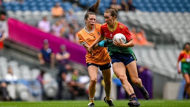 2 August 2026; Róisín Bailey of Carlow in action against Maeve Mulholland of Antrim during the LGFA TG4 All-Ireland Junior Championship final match between Antrim and Carlow at Croke Park in Dublin. Photo by Paul Phelan/Sportsfile