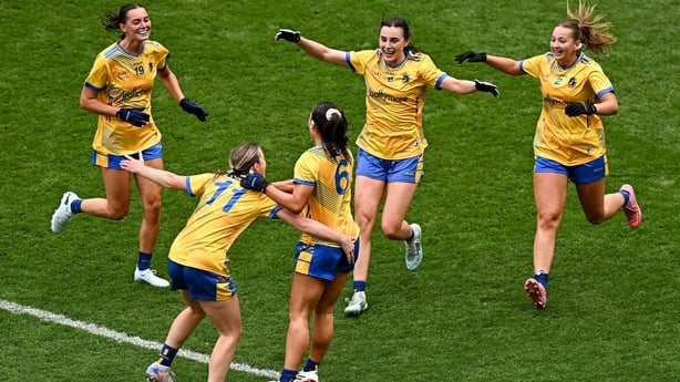 2 August 2026; Roscommon players celebrate after their side's victory in the LGFA TG4 All-Ireland Intermediate Championship final match between Fermanagh and Roscommon at Croke Park in Dublin. Photo by Seb Daly/Sportsfile 