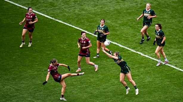 2 August 2026; Kate Thompson of Galway in action against Anna Galvin of Kerry during the LGFA TG4 All-Ireland Senior Championship final match between Galway and Kerry at Croke Park in Dublin. Photo by Seb Daly/Sportsfile