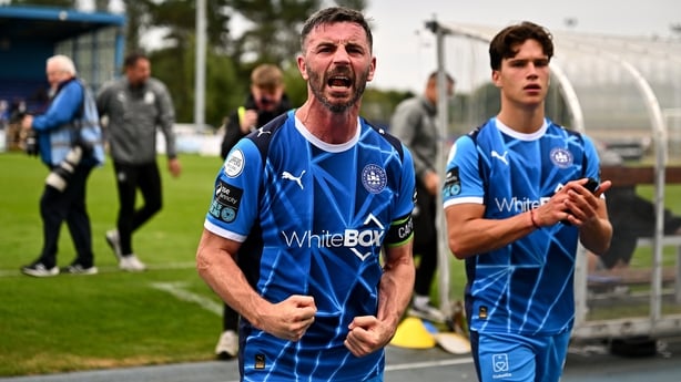 2 August 2026; Pádraig Amond of Waterford celebrates after the SSE Airtricity Men's Premier Division match between Waterford and Shelbourne at the RSC in Waterford. Photo by Tyler Miller/Sportsfile