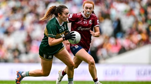 2 August 2026; Aishling O'Connell of Kerry in action against Kate Slevin of Galway during the LGFA TG4 All-Ireland Senior Championship final match between Galway and Kerry at Croke Park in Dublin. Photo by Seb Daly/Sportsfile