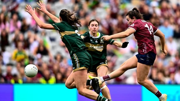 2 August 2026; Leanne Coen of Galway shoots to score her side's second goal during the LGFA TG4 All-Ireland Senior Championship final match between Galway and Kerry at Croke Park in Dublin. Photo by Shauna Clinton/Sportsfile