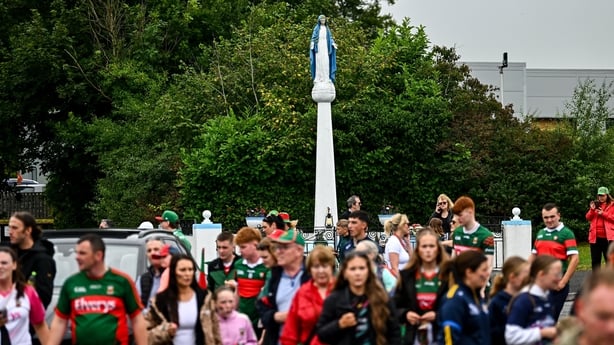 27 July 2026; Mayo supporters walk past the Virgin Mary statue close to the ground during the homecoming celebrations of the All-Ireland Senior Football Champions at Hastings Insurance MacHale Park in Castlebar, Mayo. Photo by Piaras Ó Mídheach/Sportsfile