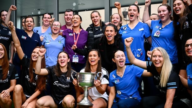 3 August 2026; TG4 All-Ireland Ladies Senior Football champions Galway pictured with the Brendan Martin Cup alongside hospital staff and patients during a visit by the players to Children's Health Ireland at Crumlin, Dublin. Photo by Shauna Clinton/Sportsfile 