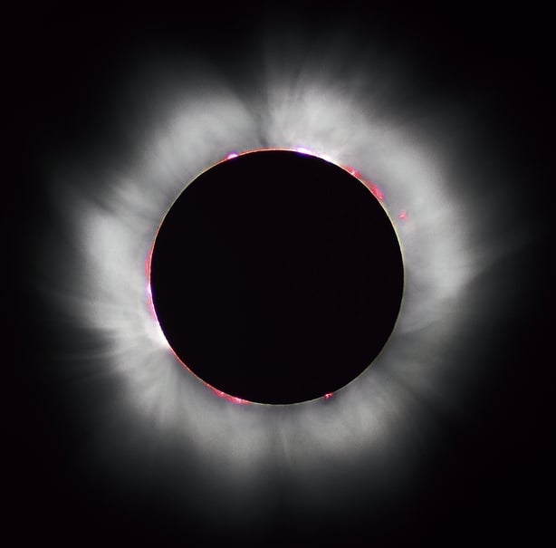 A Total Solar Eclipse, revealing the Sun's outer atmosphere or Corona. While the Sun's surface temperature is 5500oC, the Corona is at 2 million oC, a mystery to us, and what Prof. Gallagher of Dunsink will investigate during this eclipse. Image: Luc Viatour