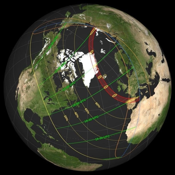 The path of totality of the eclipse of August 12th 2026, not far off the west coast of Ireland (Image: NASA)