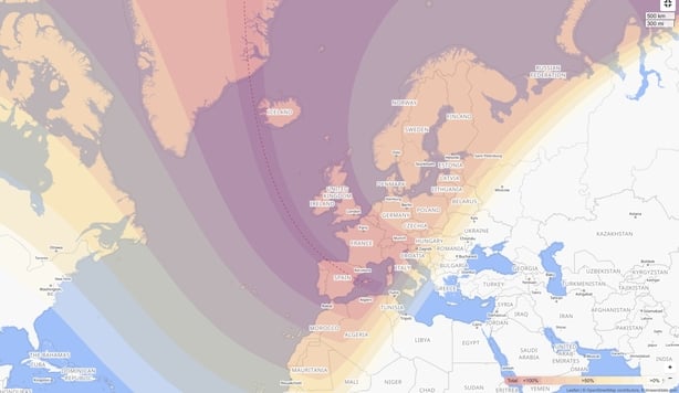 The path of the eclipse of August 12th 2026. Darkest purple shows the path of totality, not far off the west coast of Ireland Image: Kevin Nolan, TU Dublin