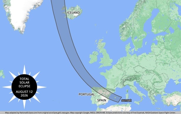 The path of totality of the eclipse of August 12th 2026, not far off the west coast of Ireland (Image: Google, INEGI, ORION-ME)