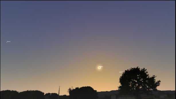 Where Venus and Jupiter lie in relation to the eclipsed Sun during maximum eclipse (Image: Stellarium)