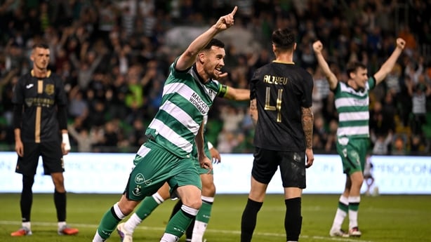 4 August 2026; Aaron Greene of Shamrock Rovers celebrates after scoring his side's third goal during the UEFA Europa League Third Qualifying Round first leg match between Shamrock Rovers and Egnatia at Tallaght Stadium in Dublin. Photo by Stephen McCarthy/Sportsfile