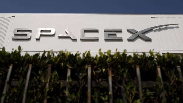 The SpaceX logo is displayed at a SpaceX facility on August 04, 2026 in Hawthorne, California