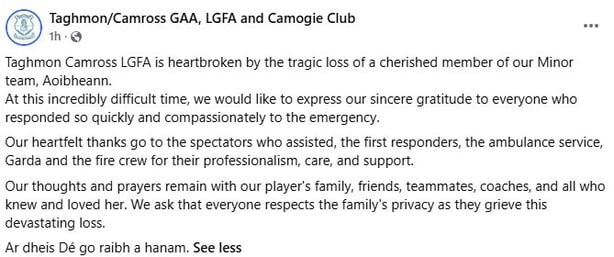 Taghmon/Camross GAA, LGFA and Camogie Club tribute to Aoibheann Clarke