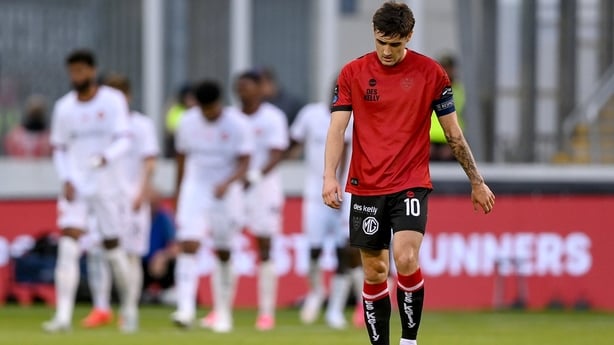 6 August 2026; Dawson Devoy of Bohemians after his side conceded their first goal during the UEFA Conference League Third Qualifying Round first leg match between Bohemians and Midtjylland at Tallaght Stadium in Dublin. Photo by Stephen McCarthy/Sportsfile