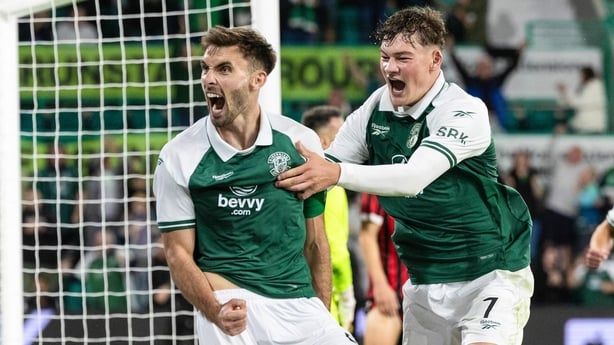 Hibernian's Warren O'Hora celebrates with Owen Elding after scoring to make it 2-1 during a UEFA Conference League Third Qualifying Round First Leg match between Hibernian and KF Shkendija at Easter Road, on August 06, 2026, in Edinburgh, Scotland.