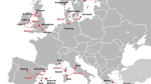 Map of some of the lfights in Europe that are under 500km