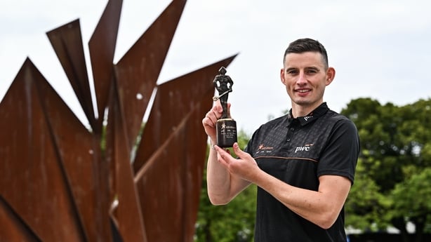6 August 2026; PwC GAA/GPA Player of the Month for July in hurling, Gearóid Hegarty of Limerick, with his award at Eyre Square in Galway. Photo by Tyler Miller/Sportsfile *** NO REPRODUCTION FEE ***