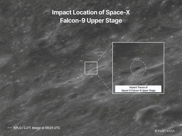 A satellite image shows the impact site of the second stage of a SpaceX Falcon 9 rocket