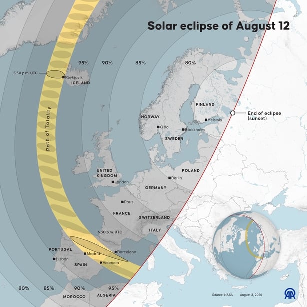 An infographic titled 'Solar eclipse of August 12' showing a map of countries
