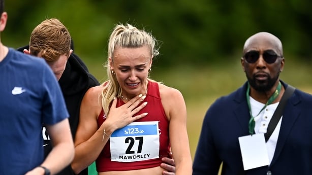 25 July 2026; Sharlene Mawdsley of Newport A.C., Tipperary, reacts after pulling out of the women's 200m final during day one of the 123.ie National Senior Track & Field Championships 2026 at Morton Stadium in Dublin. Photo by Tyler Miller/Sportsfile