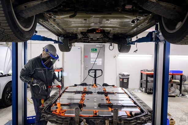 A technician works on battery packs at Moller Mobility Group in Hvam, Norway, on Monday, Nov. 18, 2024. Norway is on the cusp of completing a transition away from combustion cars thanks to targeted incentives that made electrics an easy choice.