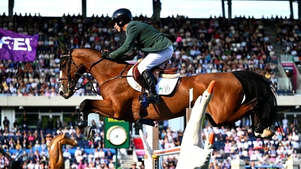 7 August 2026; Cian O'Connor of Ireland competes on Kentucky in the Nations Cup of Ireland competition during day three of the Gallagher Dublin Horse Show at the RDS in Dublin. Photo by Shauna Clinton/Sportsfile