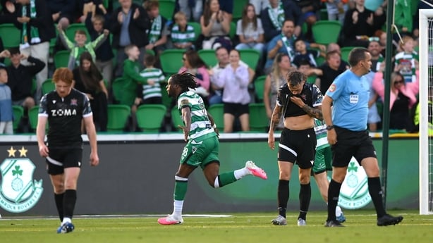 Jonathan Afolabi of Shamrock Rovers celebrates after scoring his side's third goal during the SSE Airtricity Men's Premier Division match between Shamrock Rovers and Dundalk at Tallaght Stadium in Dublin.