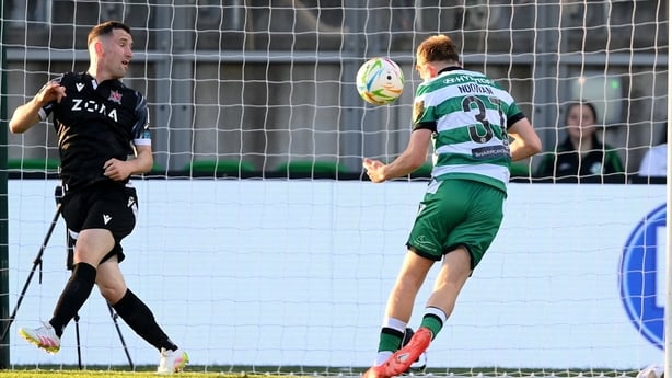 Michael Noonan of Shamrock Rovers heads his side's second goal during the SSE Airtricity Men's Premier Division match between Shamrock Rovers and Dundalk at Tallaght Stadium in Dublin