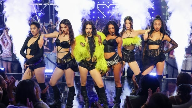 Sophia, Megan, Daniela, Lara Raj, Yoonchae and Manon of KATSEYE performs during the 2025 MTV Video Music Awards