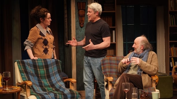 Geraldine Hughes, Matthew Broderick and Max Baker on stage in Ulster American