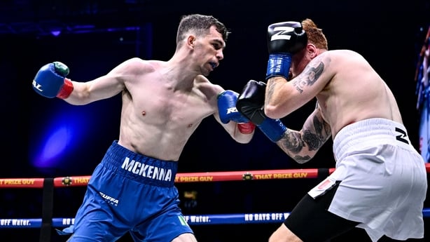 Dublin , Ireland - 8 August 2026; Stevie McKenna, left, and Owen O'Neill during their middleweight bout during the Zuffa Boxing 10 event at the 3Arena in Dublin. (Photo By David Fitzgerald/Sportsfile via Getty Images)
