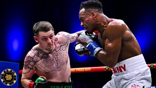 8 August 2026; Callum Walsh, left, and Tyler Denny during their middleweight bout during the Zuffa Boxing 10 event at the 3Arena in Dublin. Photo by David Fitzgerald/Sportsfile